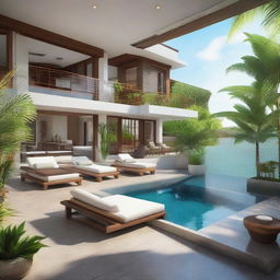 A two-story sea view villa in Balinese style designed with terraced contours. Each floor features a living room, a bedroom, and a bathroom. The second floor boasts an infinity pool, carport, and a balcony. An inviting rooftop area provides a perfect place for relaxation.