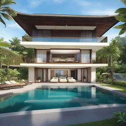 A two-story sea view villa in Balinese style designed with terraced contours. Each floor features a living room, a bedroom, and a bathroom. The second floor boasts an infinity pool, carport, and a balcony. An inviting rooftop area provides a perfect place for relaxation.