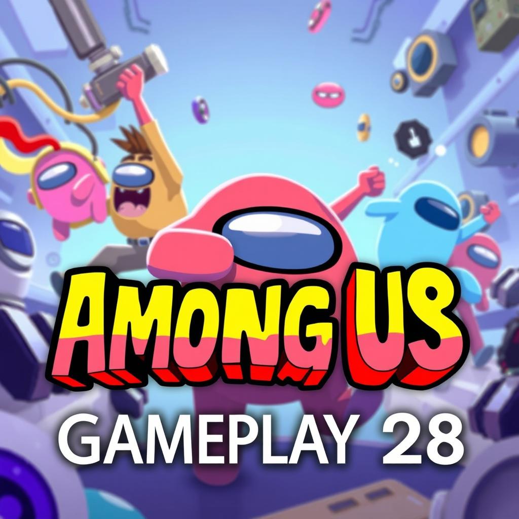 An exciting YouTube thumbnail for a gameplay video titled 'Gameplay 28', featuring vibrant, animated graphics inspired by Among Us