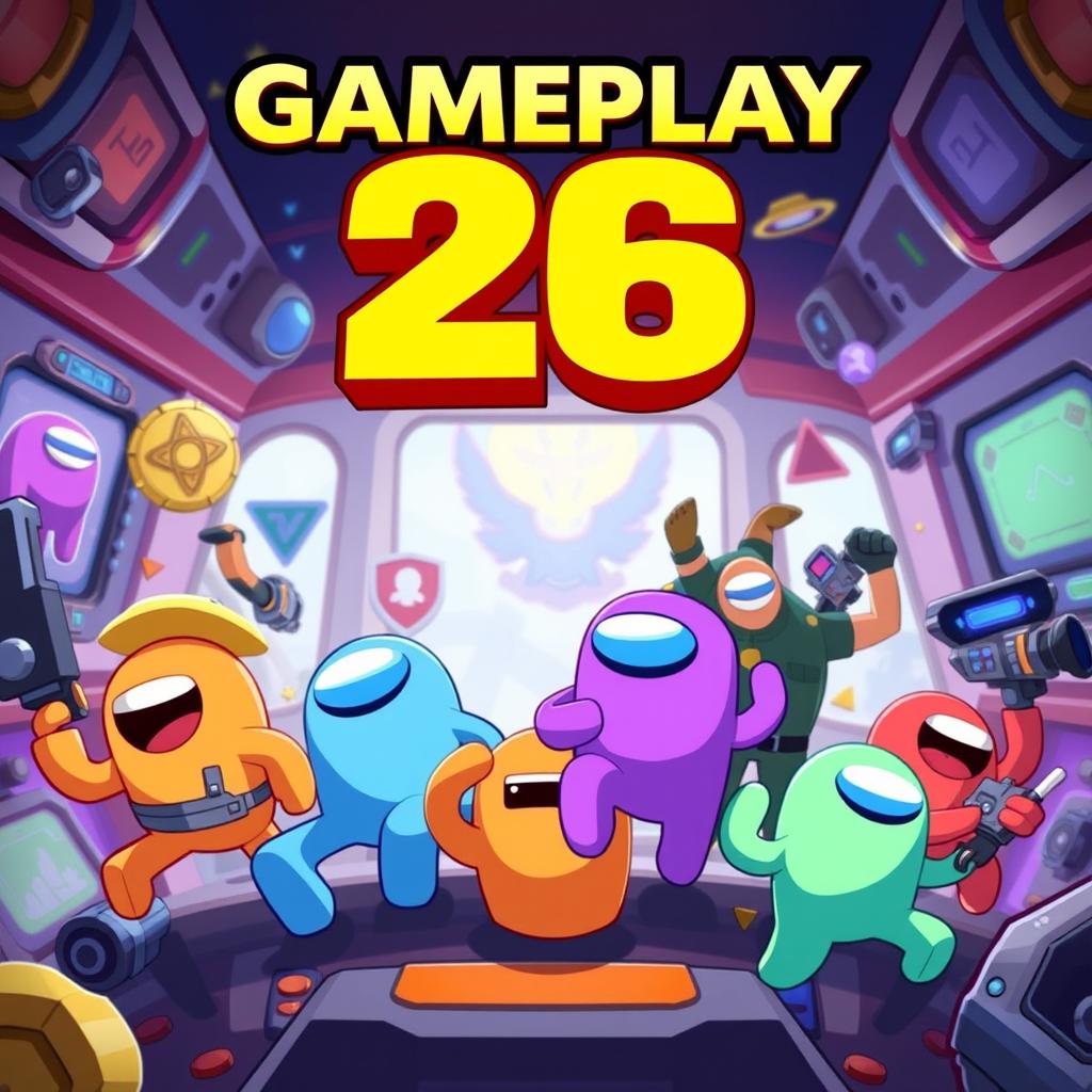 An engaging YouTube thumbnail for a gameplay video titled 'Gameplay 26', featuring vibrant, animated graphics inspired by Among Us