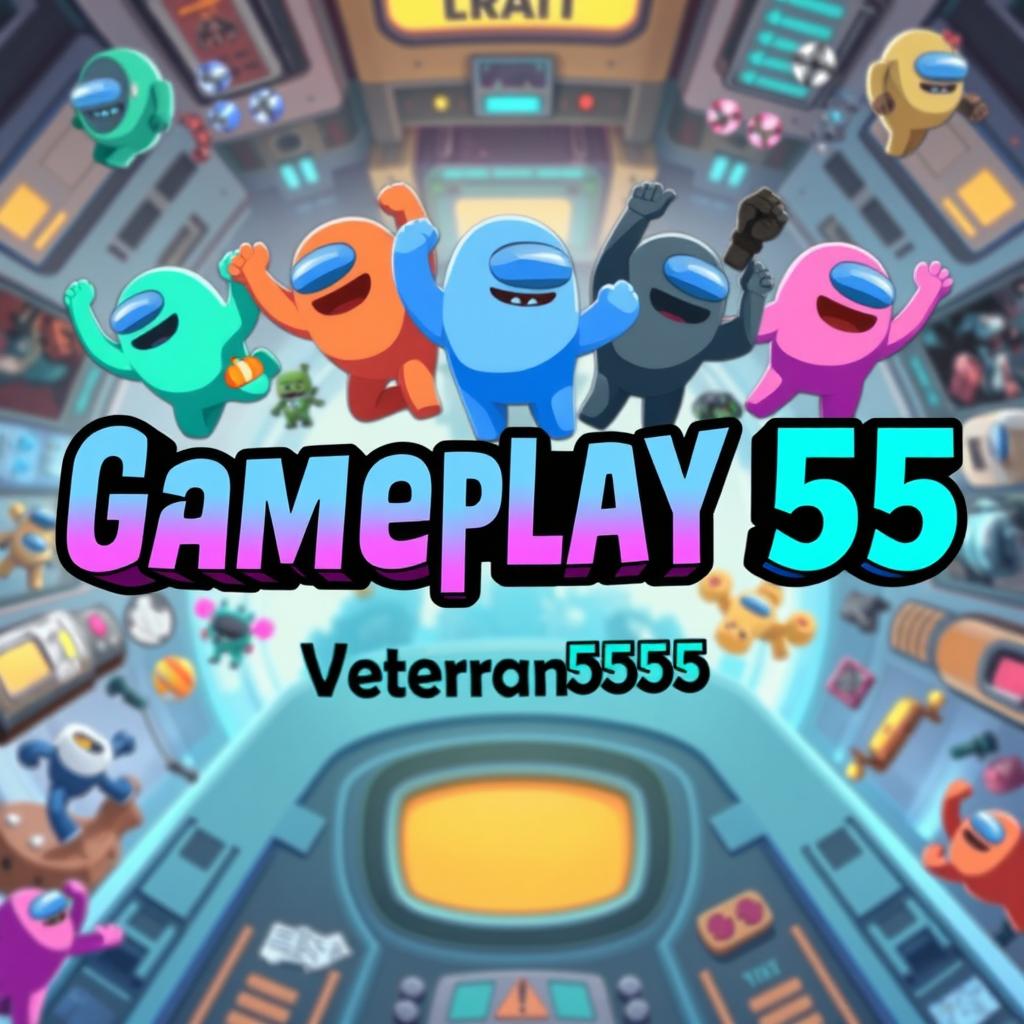 An exciting YouTube thumbnail for a gameplay video titled 'Gameplay 55' by 'Veteran555', featuring vibrant, animated graphics influenced by Among Us