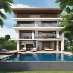 A two-story sea view villa in Balinese style designed with terraced contours. Each floor features a living room, a bedroom, and a bathroom. The second floor boasts an infinity pool, carport, and a balcony. An inviting rooftop area provides a perfect place for relaxation.