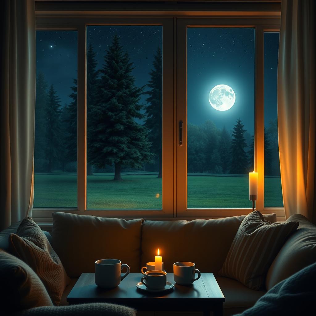 A serene nighttime scene at home, featuring a cozy living room illuminated by soft, warm light