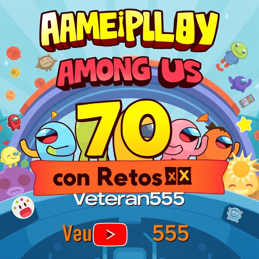 An eye-catching YouTube thumbnail for a gameplay video titled 'Gameplay 70 de Among Us con Retos XD' by 'Veteran555'