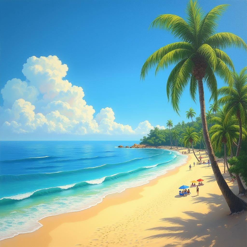 A serene and picturesque oil painting of a beautiful beach scene, featuring soft waves gently lapping at the shore, golden sandy beach illuminated by the warm sunlight