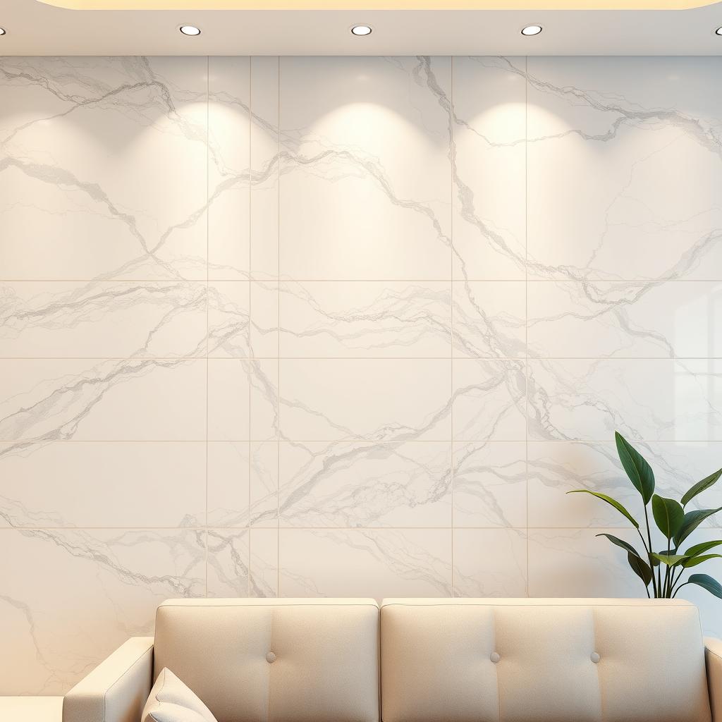 A beautifully designed interior scene featuring a wall covered with elegant marble sheets