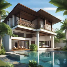 A two-story sea view villa in Balinese style designed with terraced contours. Each floor features a living room, a bedroom, and a bathroom. The second floor boasts an infinity pool, carport, and a balcony. An inviting rooftop area provides a perfect place for relaxation.