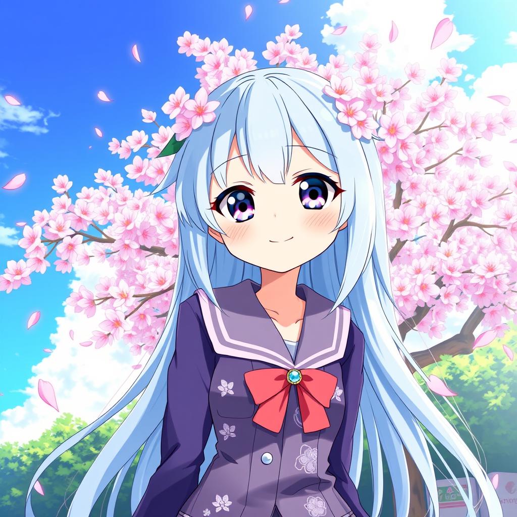 A beautifully illustrated anime girl with long, flowing pastel blue hair and large, expressive purple eyes