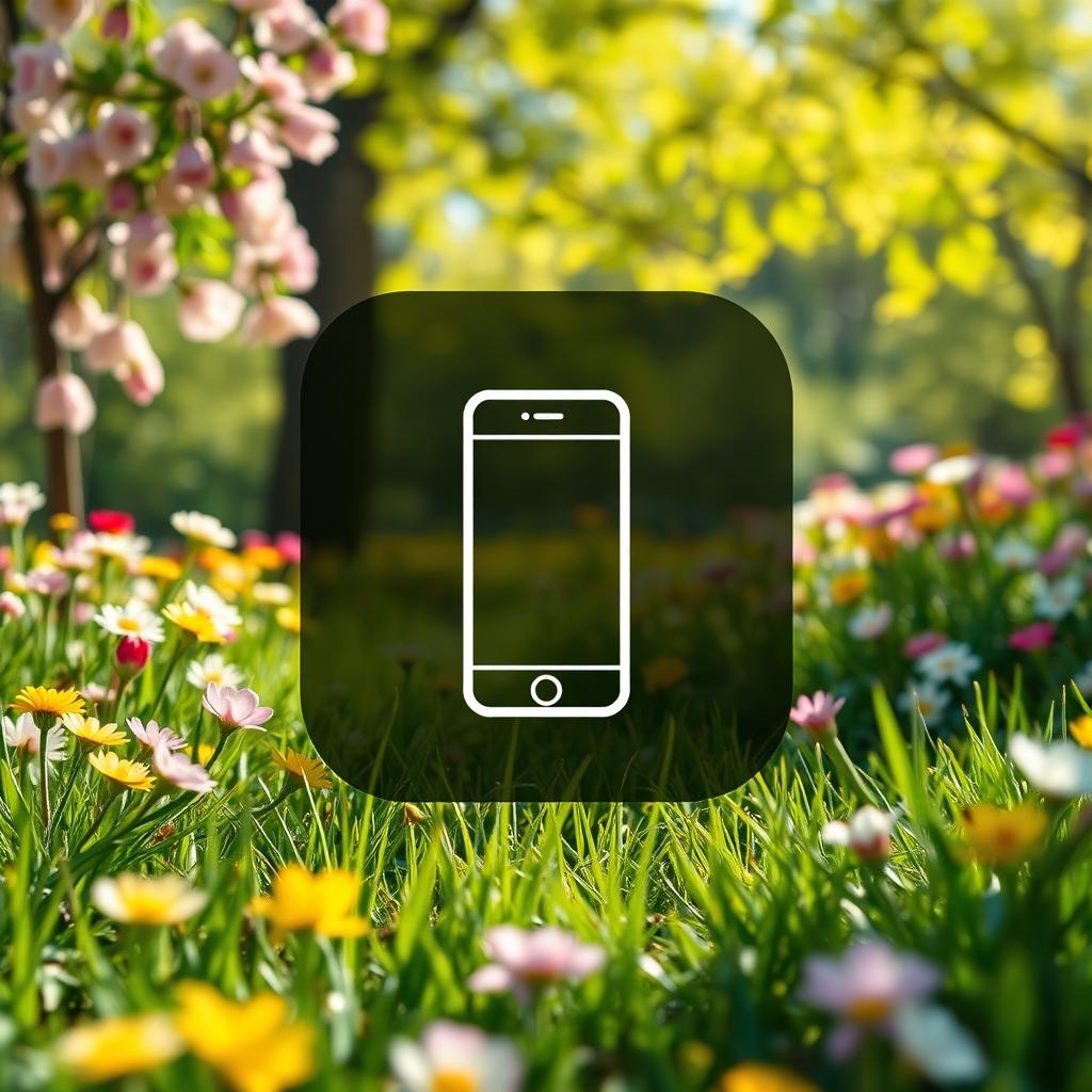 A mobile phone icon beautifully integrated into a vibrant spring landscape