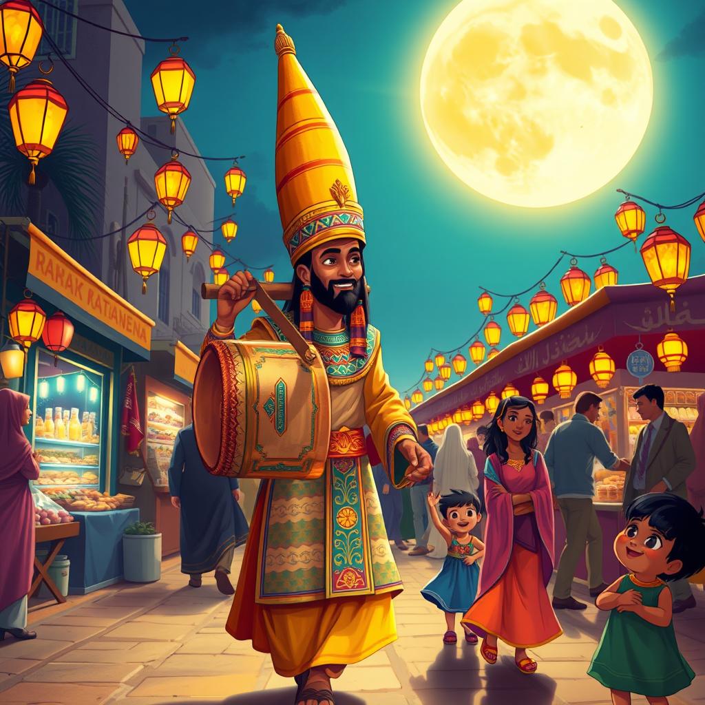 A beautifully illustrated scene of a traditional Egyptian Musaharati, a nighttime Ramadan drummer, walking through a vibrant, moonlit street