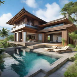 A two-story Balinese villa with a stunning sea view and terraced contours. Each floor has a living room, a bedroom, and a bathroom. The second floor features an infinity pool, a carport and a balcony. A tranquil rooftop relaxation spot completes the villa.