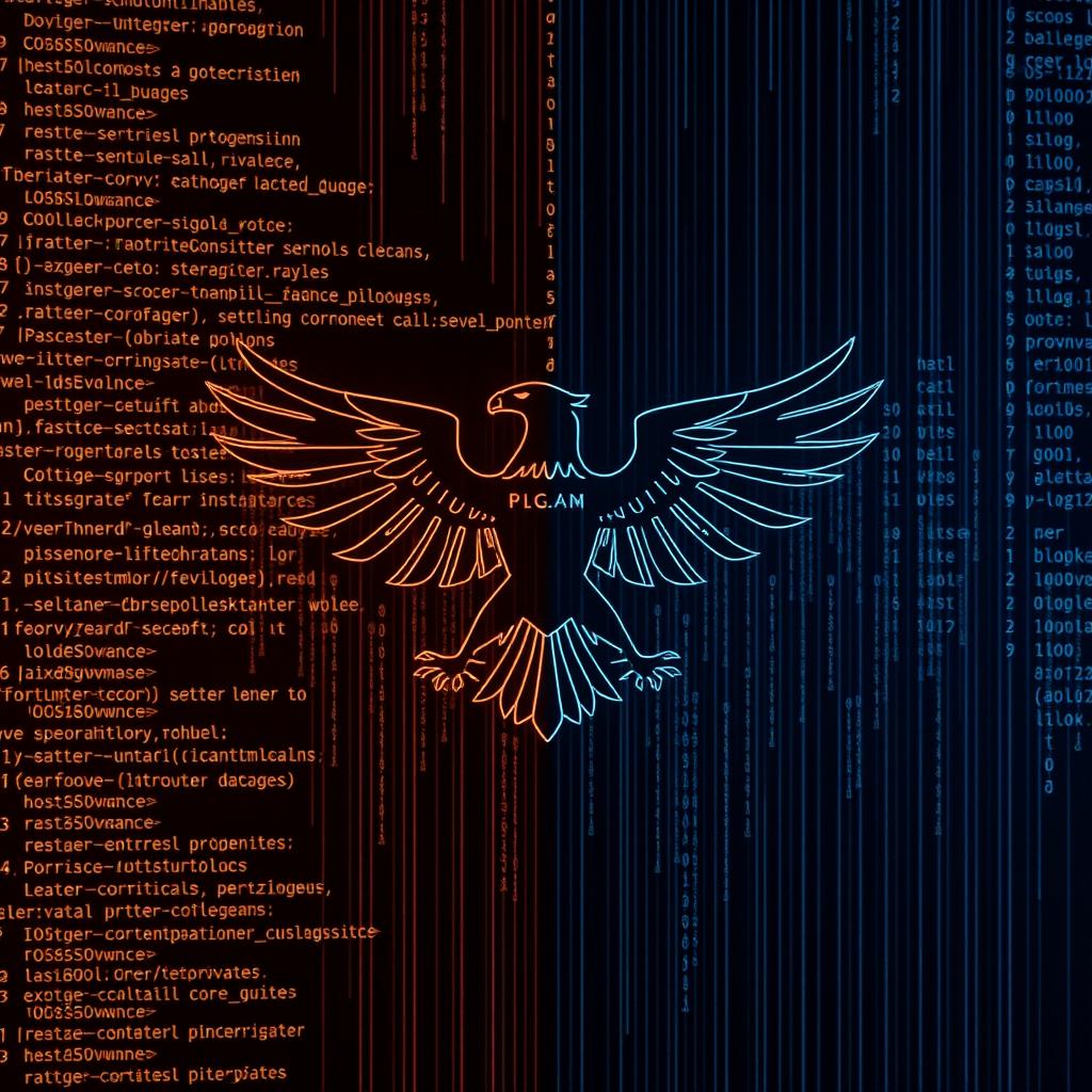 A digitally created desktop wallpaper that blends elements of computer programming with a stylized representation of an eagle, symbolizing strength and power, set against a backdrop of intricate lines of code