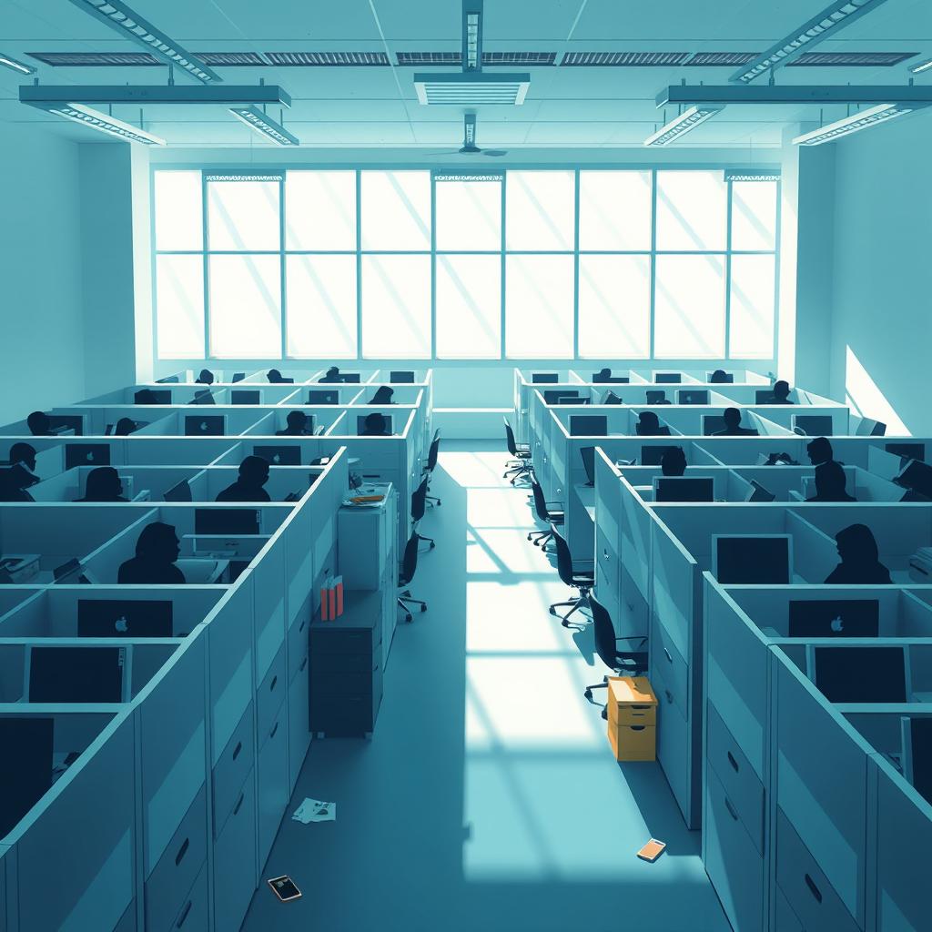 An illustration capturing the theme of dehumanization in the workplace, featuring a bright and engaging office environment filled with rows of cubicles