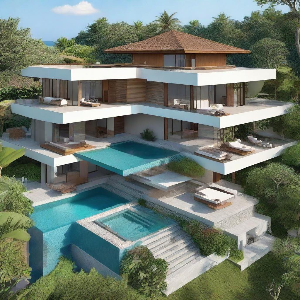 A two-story Balinese villa with a stunning sea view and terraced contours. Each floor has a living room, a bedroom, and a bathroom. The second floor features an infinity pool, a carport and a balcony. A tranquil rooftop relaxation spot completes the villa.