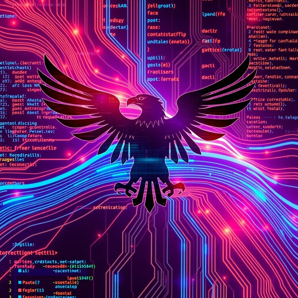A digitally crafted wallpaper combining elements of programming with a stylized eagle symbol, representing technological advancement and strength