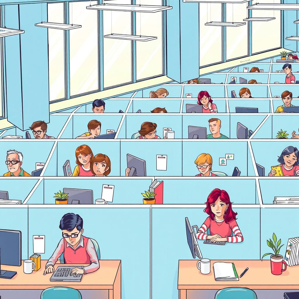 An illustration representing the theme of dehumanization in the workplace, depicting a lively but structured office environment with rows of cubicles