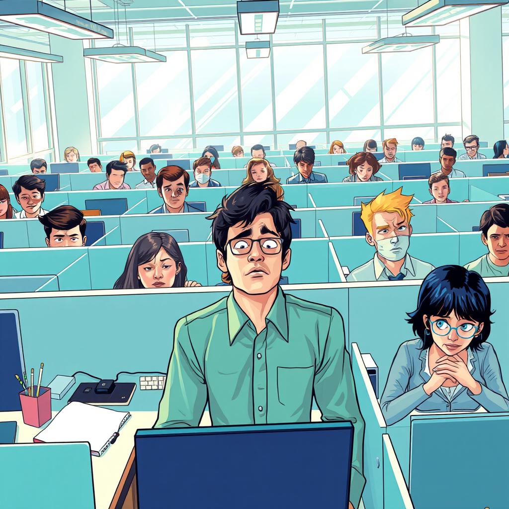A captivating cover illustration for an essay on the dehumanization in the workplace, showcasing a vibrant office environment filled with cubicles