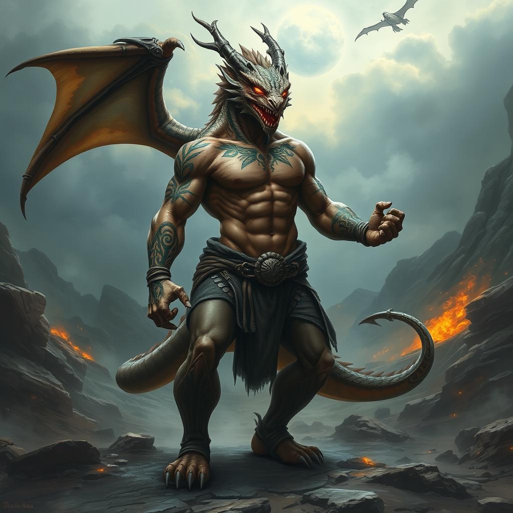 A powerful dragonborn warrior, bare-chested and muscular, displaying prominent dragon-like features such as scaled skin and sharp claws