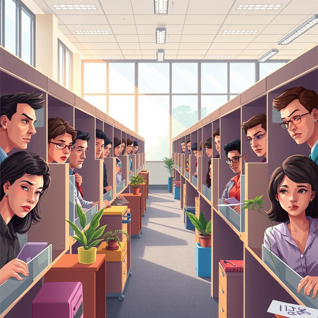 A striking cover illustration for an essay on the dehumanization in today's organizational workplaces, depicting a vibrant and compelling office scene filled with rows of cubicles