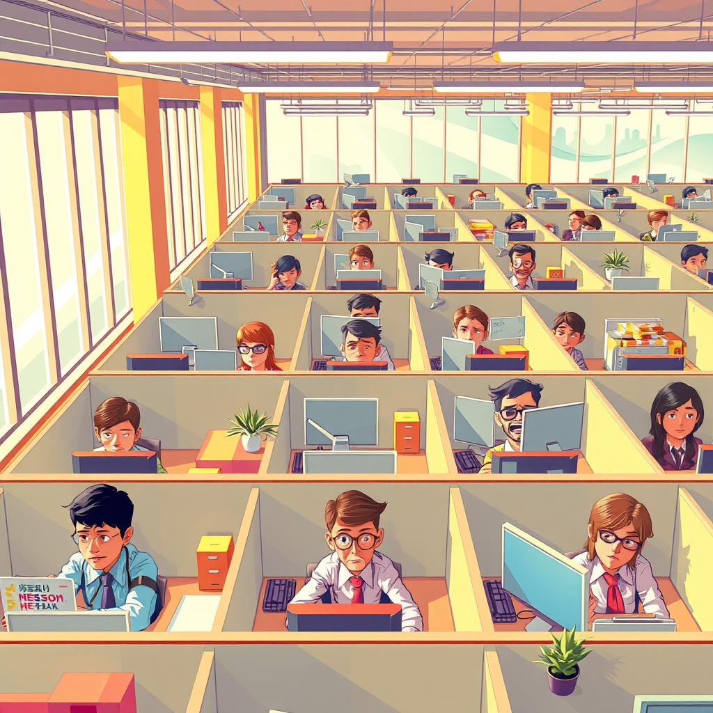 A visually striking cover illustration for an essay on the dehumanization in modern organizational workplaces, showcasing a vibrant office scene filled with rows of cubicles