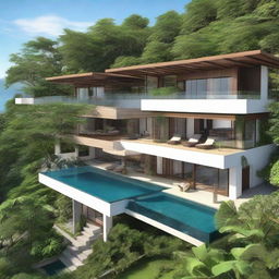 A two-story Balinese villa with a stunning sea view and terraced contours. Each floor has a living room, a bedroom, and a bathroom. The second floor features an infinity pool, a carport and a balcony. A tranquil rooftop relaxation spot completes the villa.