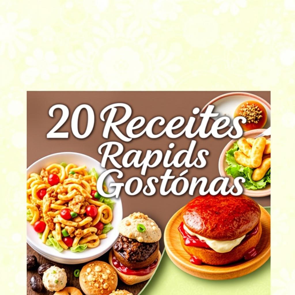 Uma capa de ebook vibrante e atraente, apresentando uma colagem de 20 receitas deliciosas e rápidas