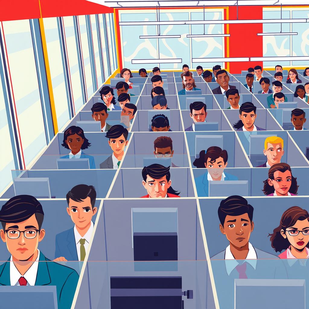A vibrant and impactful cover illustration for an essay on the dehumanization in modern organizational workplaces, featuring an office scene filled with rows of cubicles