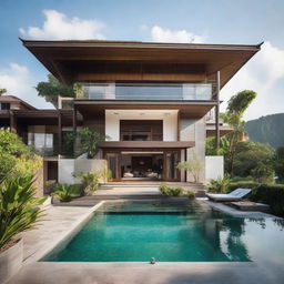 A two-story Balinese villa with a stunning sea view and terraced contours. Each floor has a living room, a bedroom, and a bathroom. The second floor features an infinity pool, a carport and a balcony. A tranquil rooftop relaxation spot completes the villa.