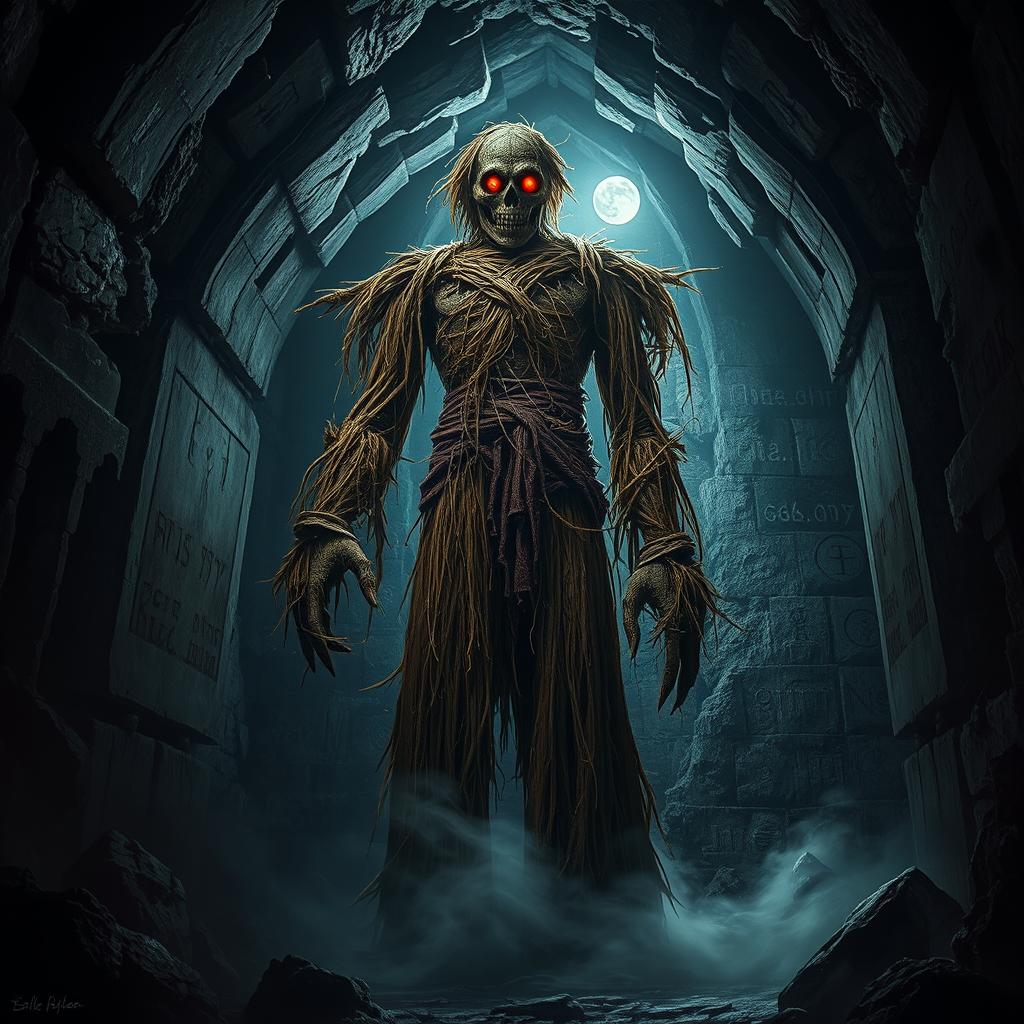 An imposing scarecrow golem towering in a dark, sinister crypt, surrounded by cobwebs and flickering shadows