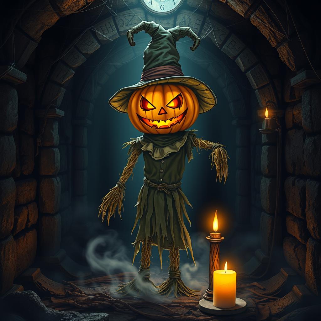 A charming yet sinister scarecrow golem with a pumpkin head and a whimsical hat, standing in a dark, eerie crypt