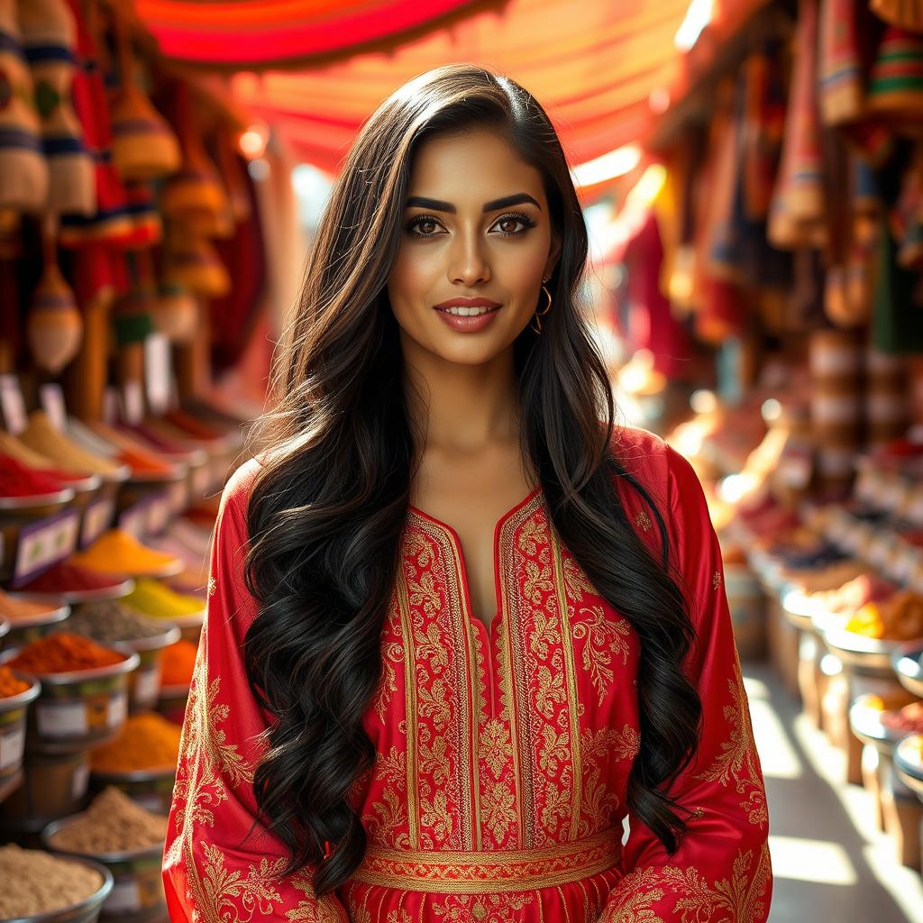 A beautiful and elegant woman named Asmaa, featuring long, flowing dark hair styled in soft waves, wearing a stunning traditional Middle Eastern dress with intricate gold embroidery