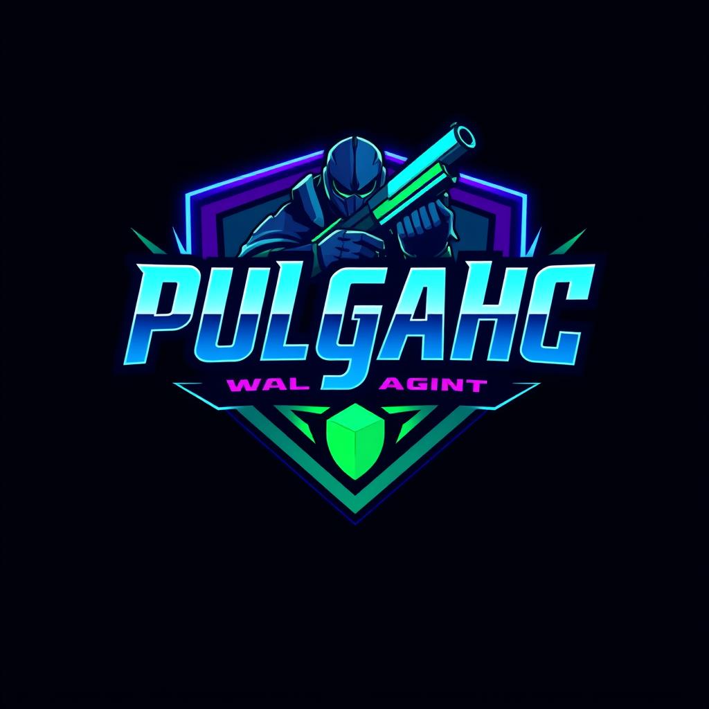 A vibrant and dynamic logo design featuring the name 'Pulgahc' in a bold, futuristic font, incorporating gaming elements related to the popular video game Valorant