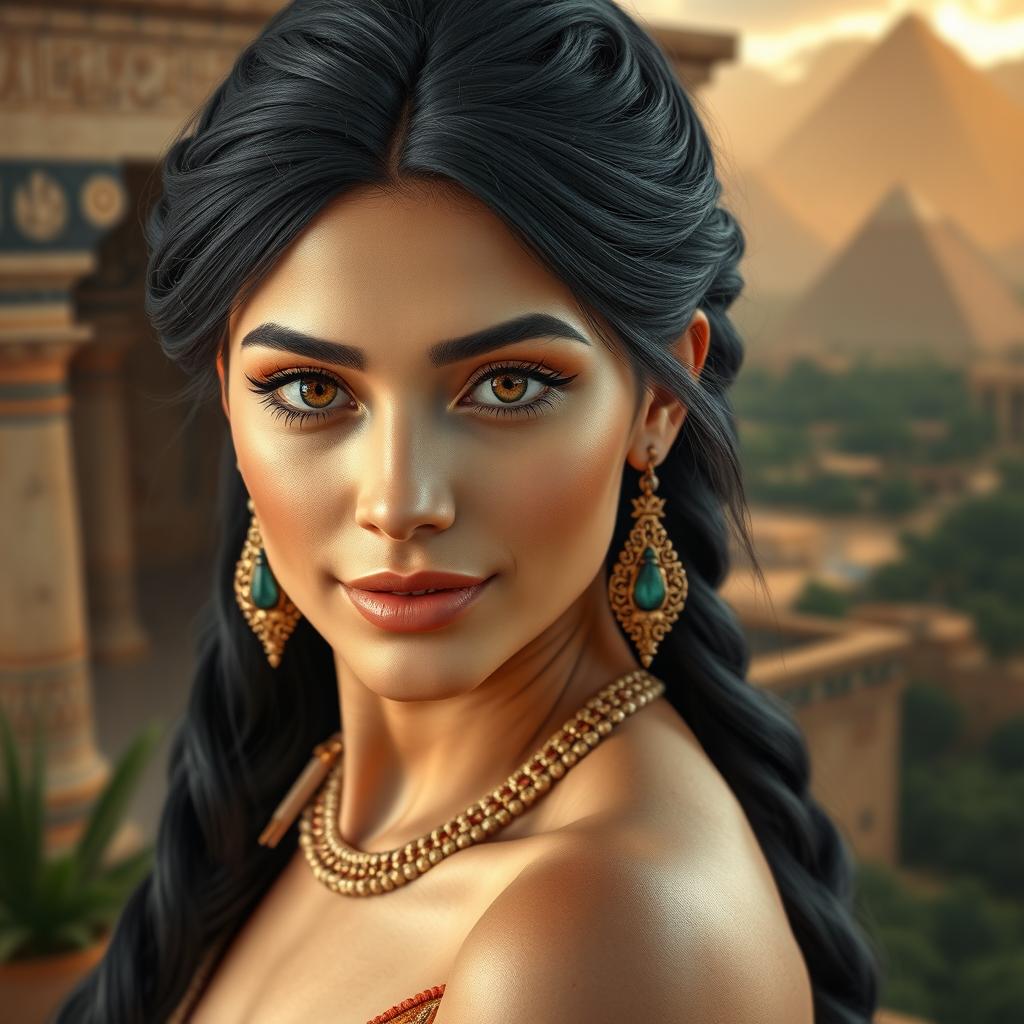 A stunning Egyptian woman with hazel eyes, fair white skin, and thick black hair, embodying the essence of Egyptian beauty