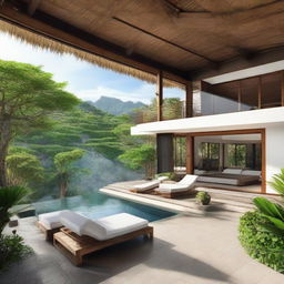 A Balinese villa with sea view, designed with terraced contours, spanning two floors. On the second floor is an infinity pool and a carport. The villa features a living room, bedroom and a bathroom on each floor, a second-floor balcony and a relaxing rooftop area.