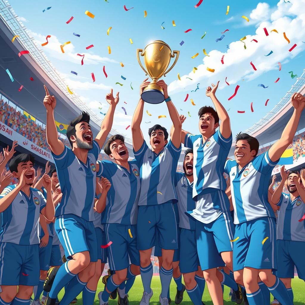 An animated celebration scene depicting a joyful football team winning the Copa do Brasil