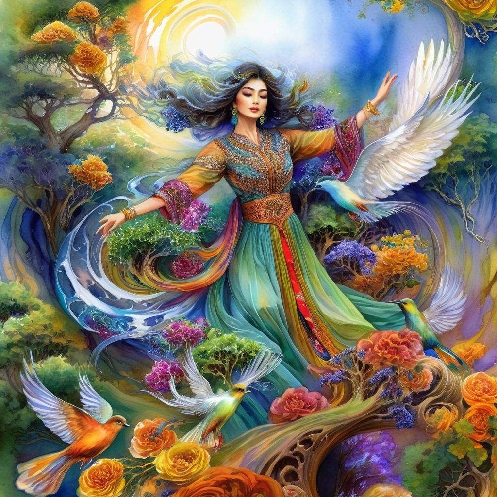 Mystical and spiritual watercolor painting of a beautiful Iranian woman in traditional dress suspended in the air in a swirl of multi-colored flowers, a maze of asymmetrical bonsai trees, a whirlwind of beautiful birds, and a forest of grapevines in a spectrum of green, yellow, and blue