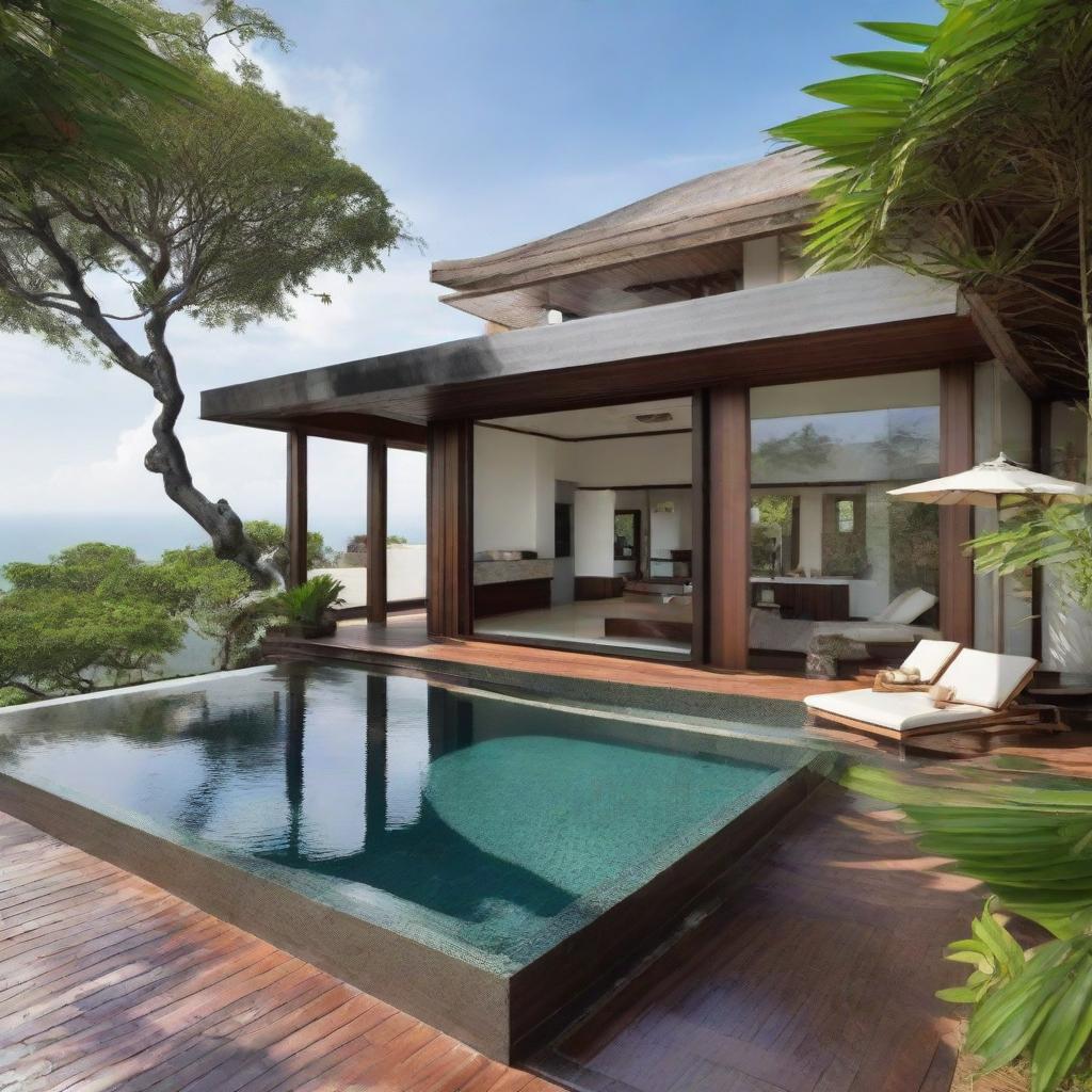 A Balinese villa with sea view, designed with terraced contours, spanning two floors. On the second floor is an infinity pool and a carport. The villa features a living room, bedroom and a bathroom on each floor, a second-floor balcony and a relaxing rooftop area.