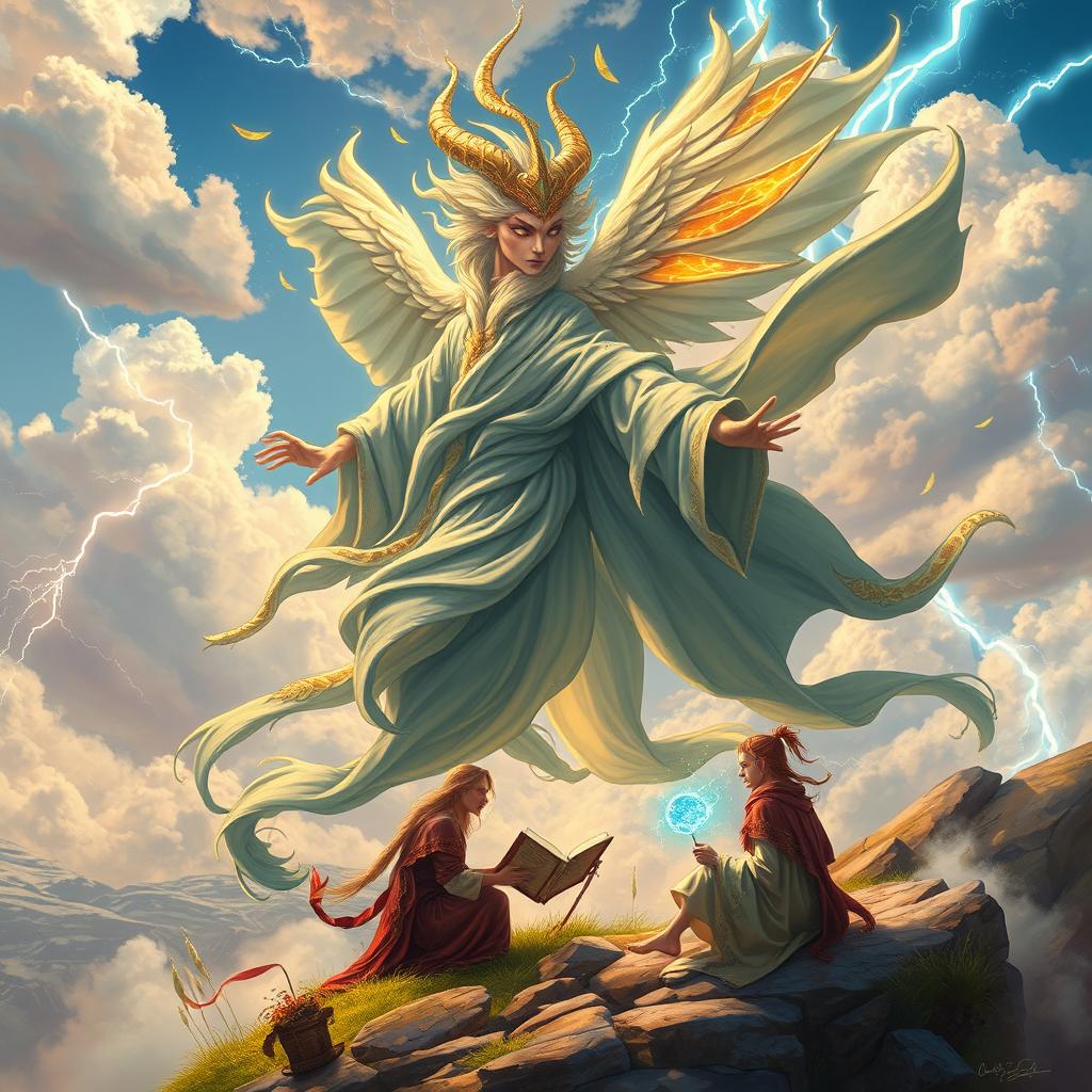 A majestic djinn representing the essence of wind and skies, embodying both freedom and power