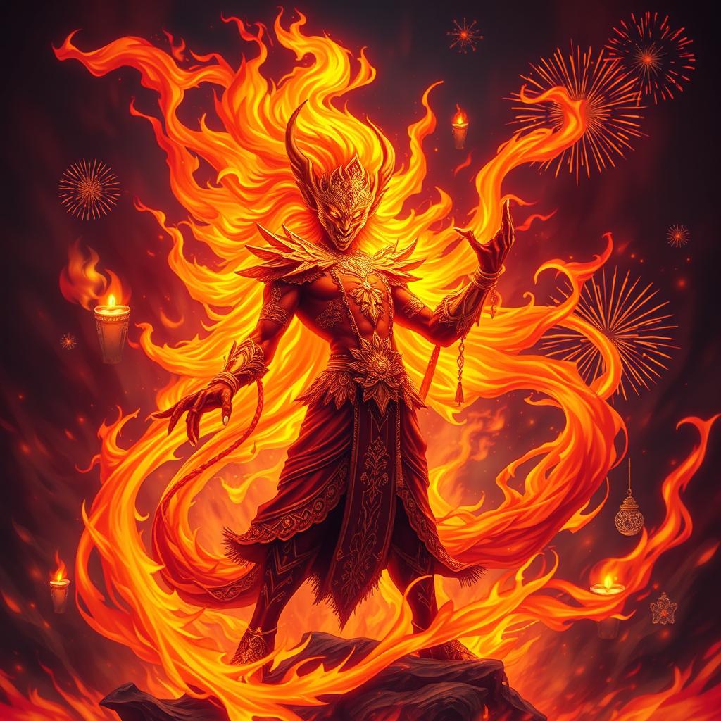 A powerful efreet, embodying the raw energy and unpredictability of fire, stands majestically amidst a swirling inferno