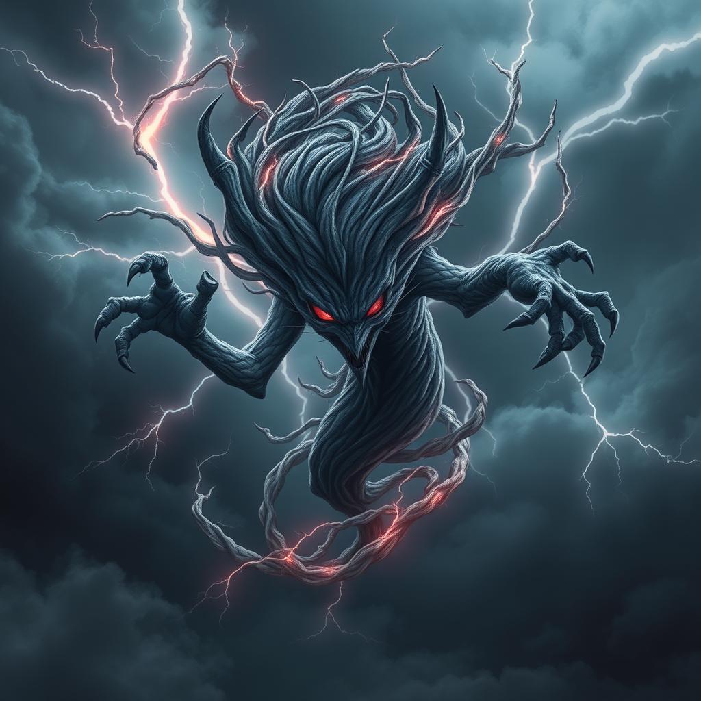 An ominous air elemental, embodying evil and sinister energy, floats menacingly against a turbulent sky filled with dark storm clouds