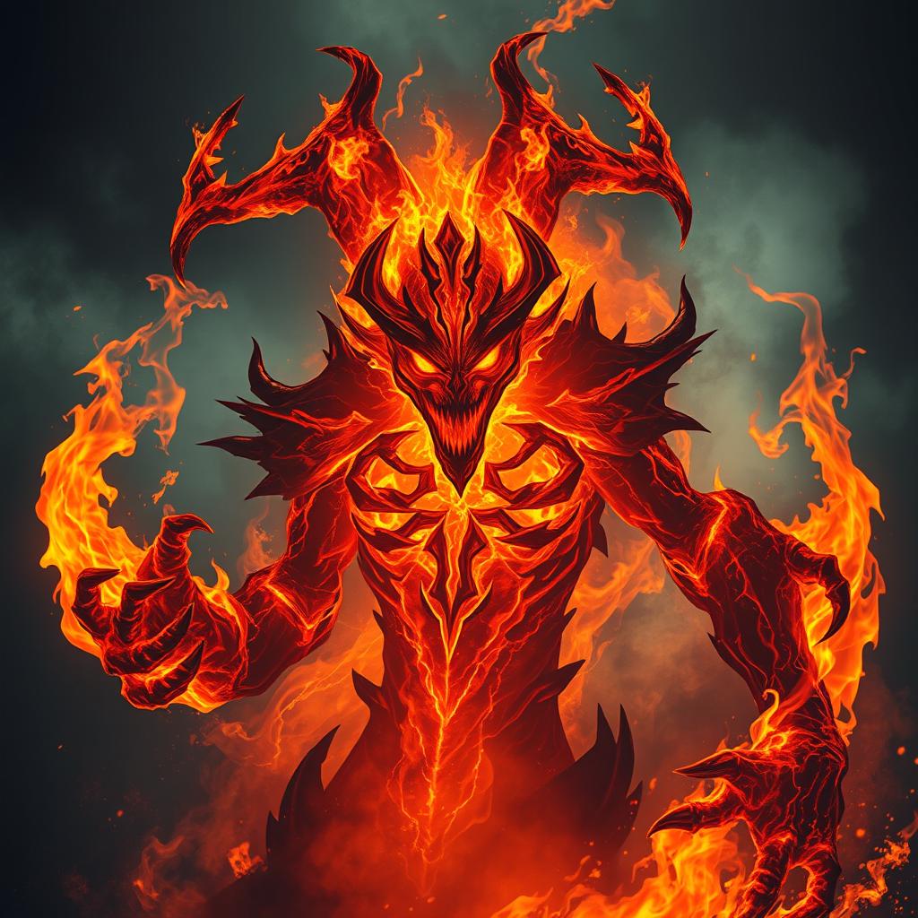 A malevolent fire elemental, radiating an aura of sinister energy, looms dramatically against a backdrop of swirling flames and dark smoke