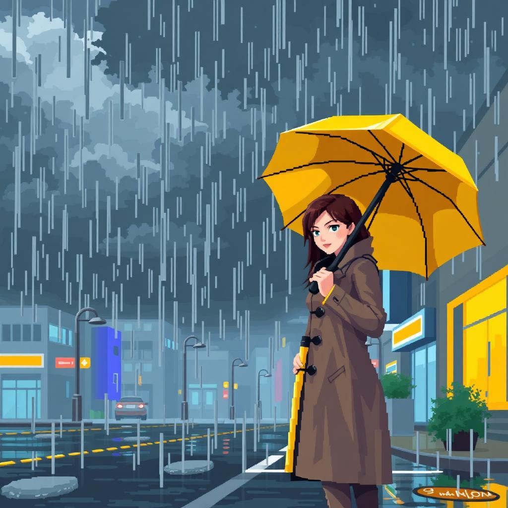 Vibrant Pixel Art: Woman with Yellow Umbrella in Stormy Weather
