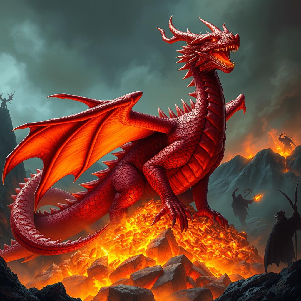 An imposing ancient red dragon, representing the peak of fear and destruction, perches majestically atop a mountain of glittering treasures in a volcanic lair