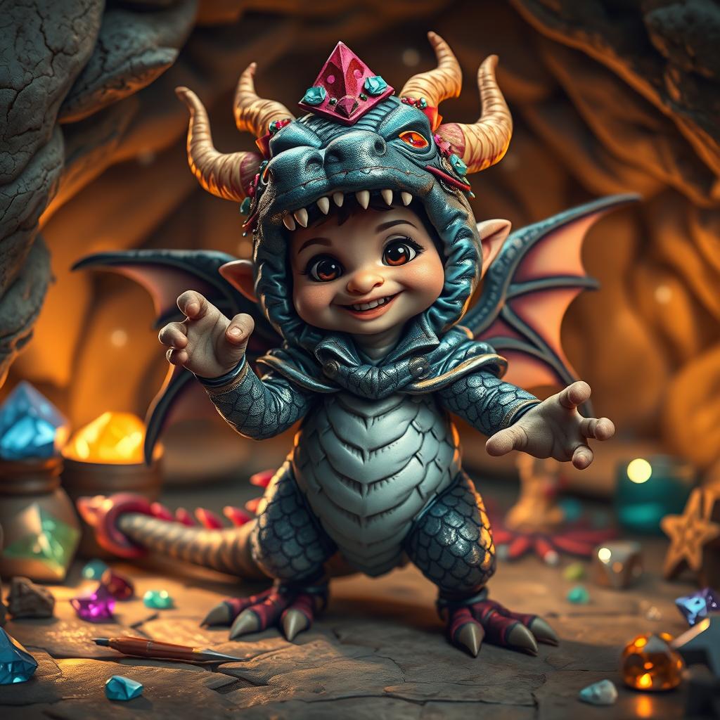 A whimsical scene featuring a mischievous kobold dressed in an elaborate dragon costume
