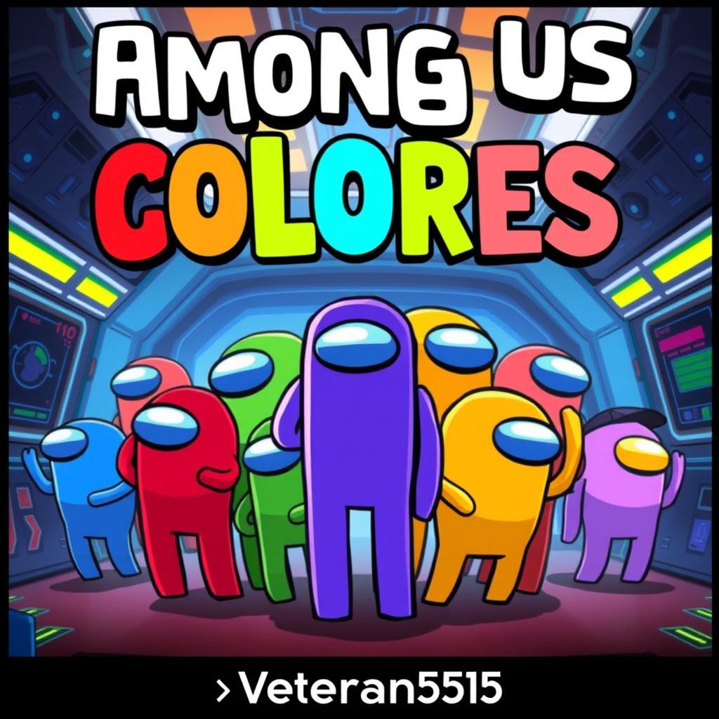 A captivating YouTube thumbnail for a video titled 'Among Us Colores' by 'Veteran555', showcasing the iconic crewmates from the game in a vibrant array of colors