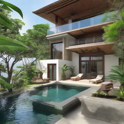 A Balinese villa with sea view, designed with terraced contours, spanning two floors. On the second floor is an infinity pool and a carport. The villa features a living room, bedroom and a bathroom on each floor, a second-floor balcony and a relaxing rooftop area.