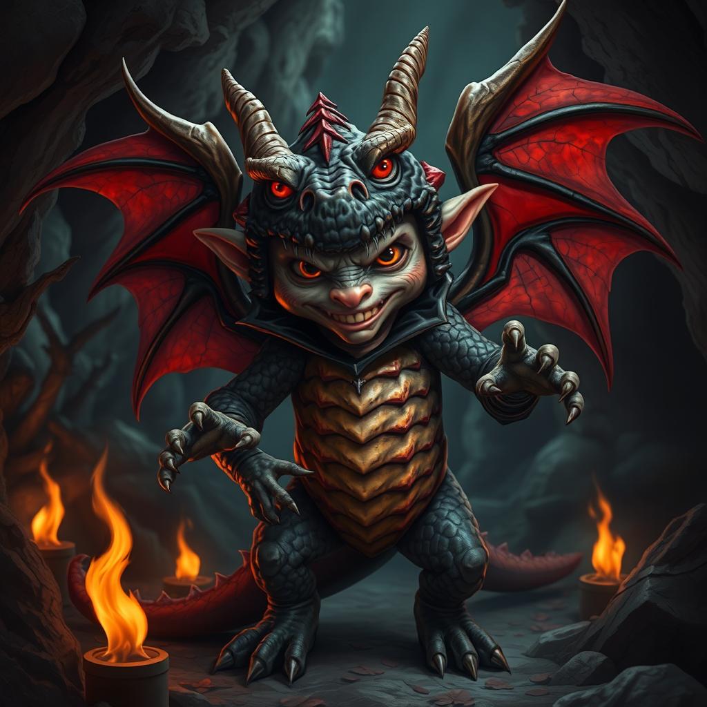 A devious kobold, embodying an evil and sinister presence, is dressed in a fantastical dragon costume