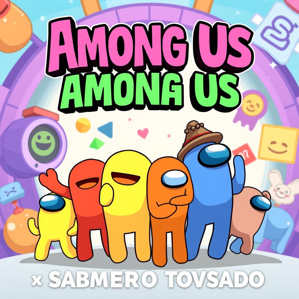 An engaging YouTube thumbnail for a collaborative gameplay video titled 'Among Us Colaboración Animado' featuring 'Veteran555 x Sombrero Tostado'