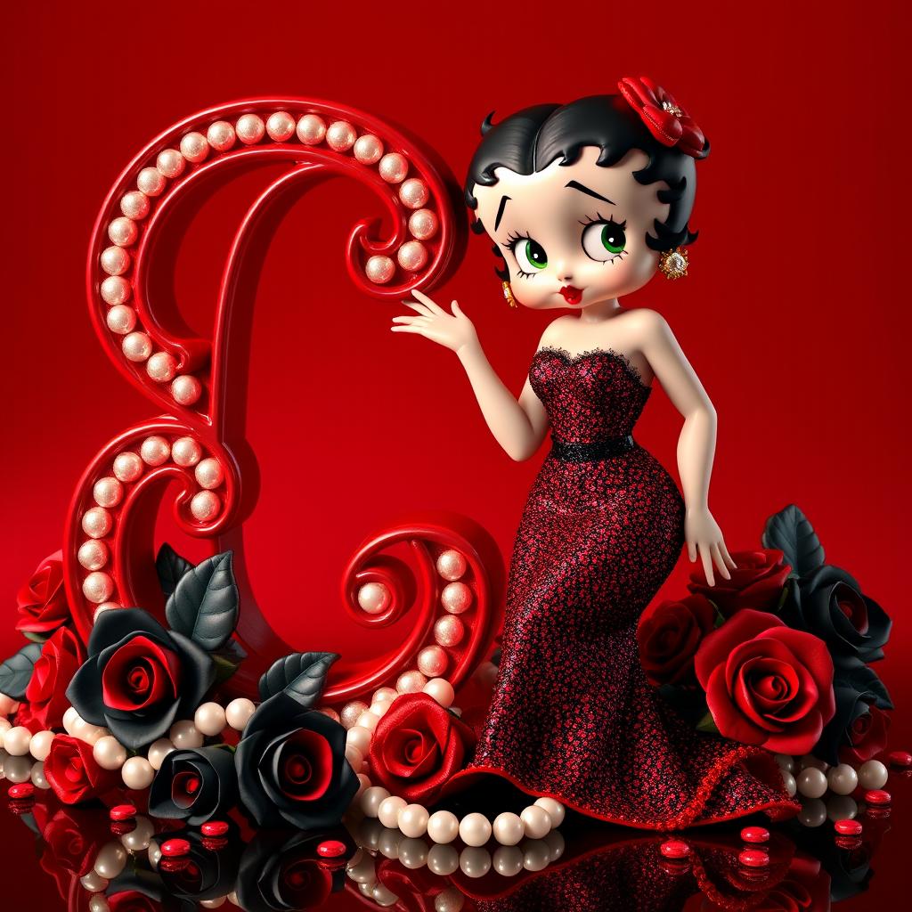 Betty Boop, the iconic cartoon character, elegantly poses next to a large, ornate red letter 'C' that's encrusted with dazzling pearls