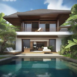 A Balinese villa with sea view, designed with terraced contours, spanning two floors. On the second floor is an infinity pool and a carport. The villa features a living room, bedroom and a bathroom on each floor, a second-floor balcony and a relaxing rooftop area.